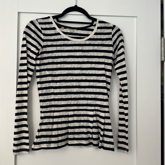 Guess Tops - GUESS Long Sleeved Black & White Striped Peplum Shirt, Size Small
